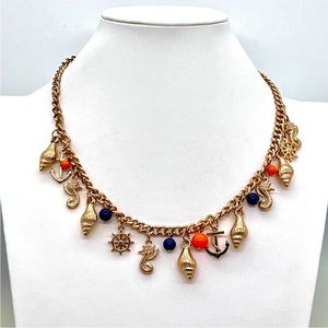 Nautical Charm Seahorse Anchor Shell Orange+Navy Beaded 16” Goldtone Necklace